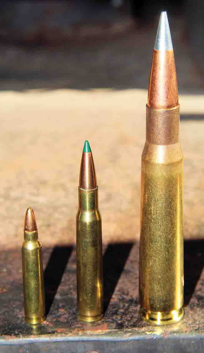 Shown here for comparison are three famous military cartridges (left to right): the 5.56x45mm NATO (.223 Remington), .30-06 Springfield and the .50 BMG (Browning Machine Gun).